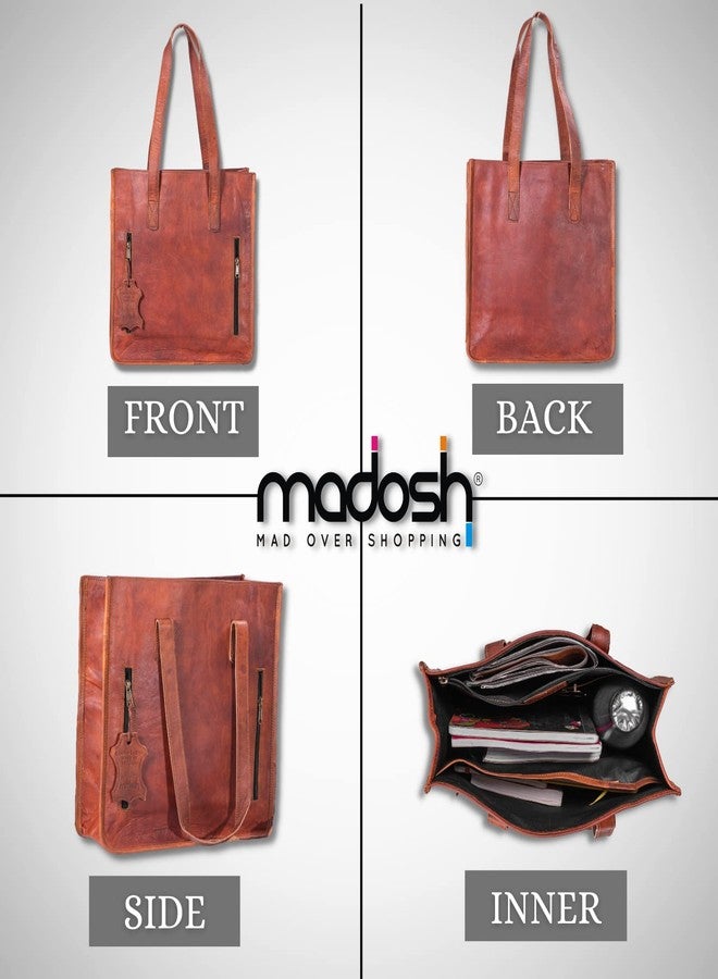 Madosh Genuine Leather Tote Bag for Women - Handmade Vintage Shoulder Bag with Double Handles, Large Capacity Office Bag, Brown Crossbody Purse with Zip Pockets - Image 2
